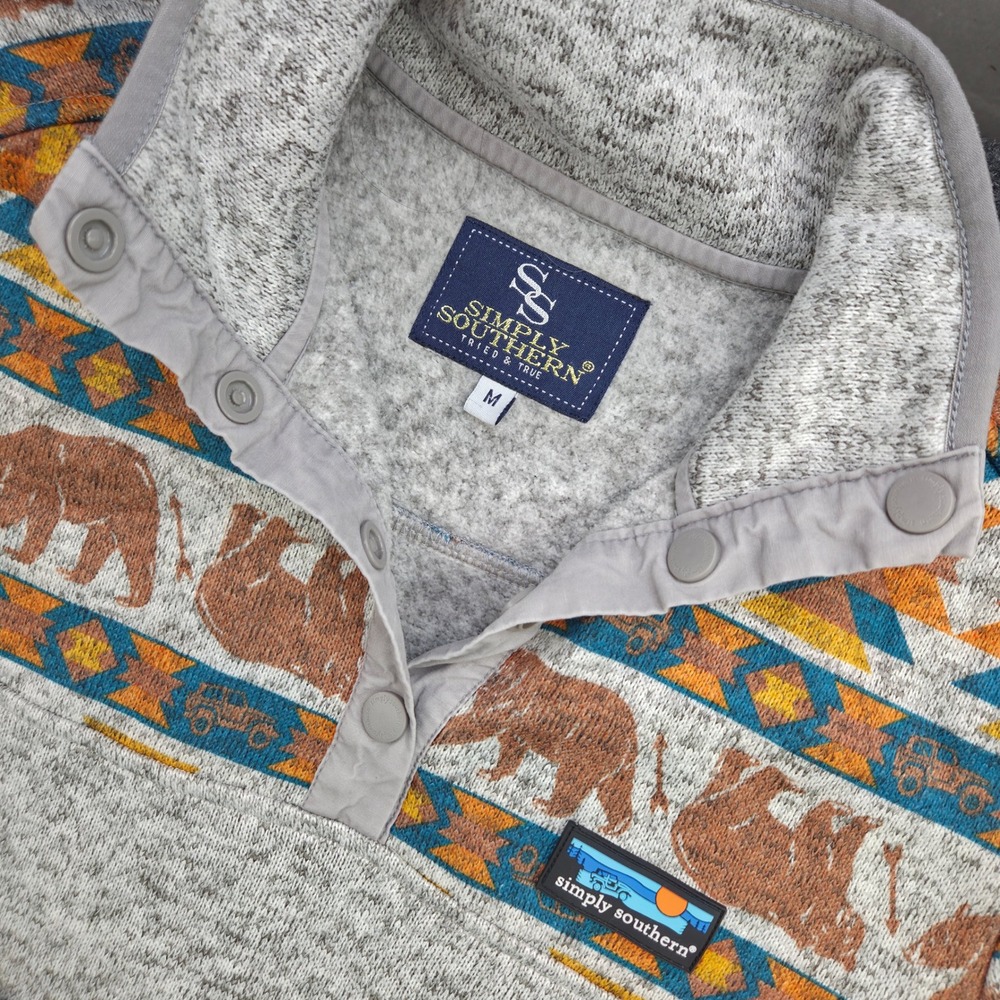 Simply Southern Pullover Womens Medium Gray Polyester Bear Aztec Snap Fleece M